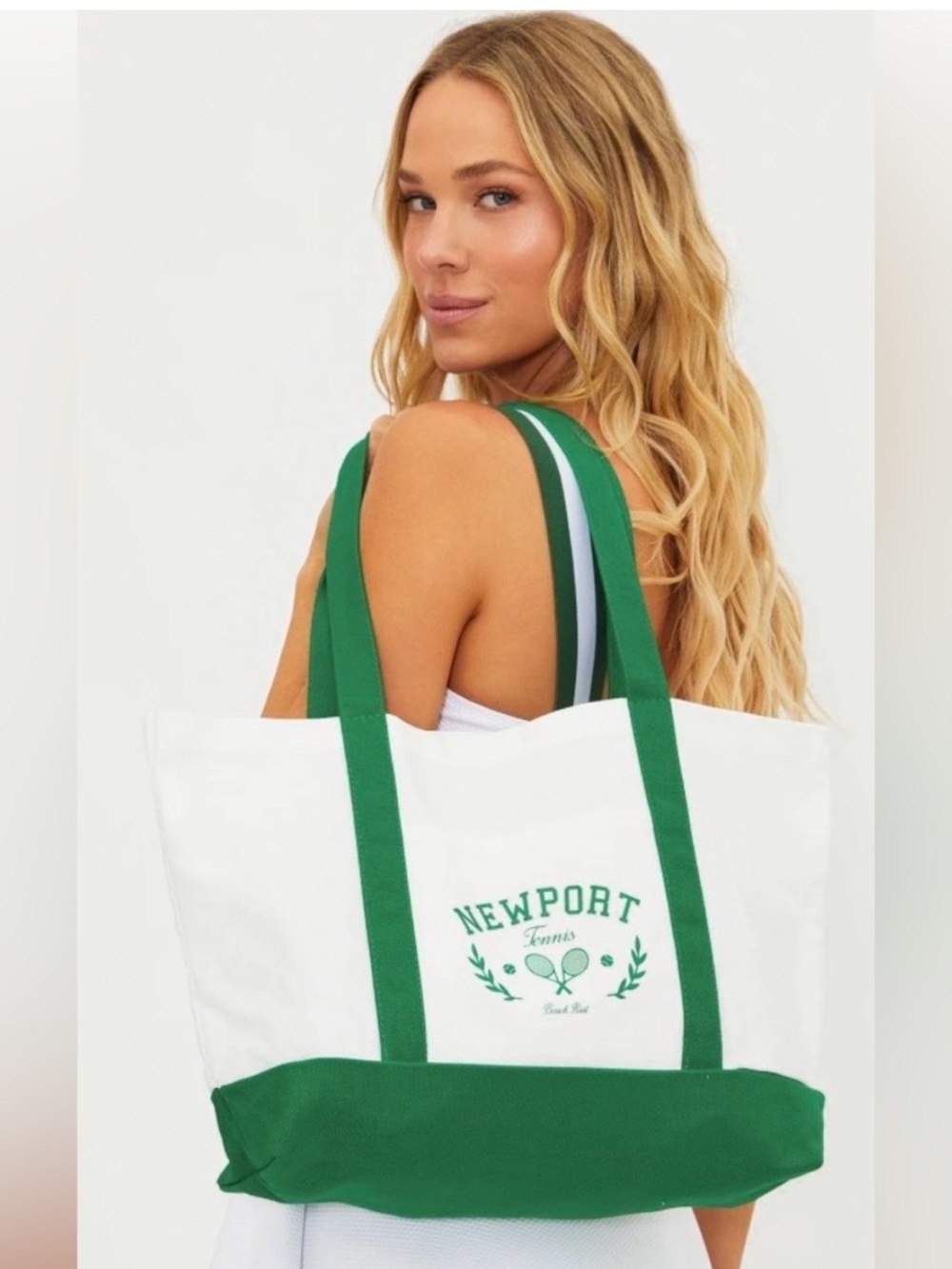 NWT Beach Riot Newport White and Green Canvas Tote